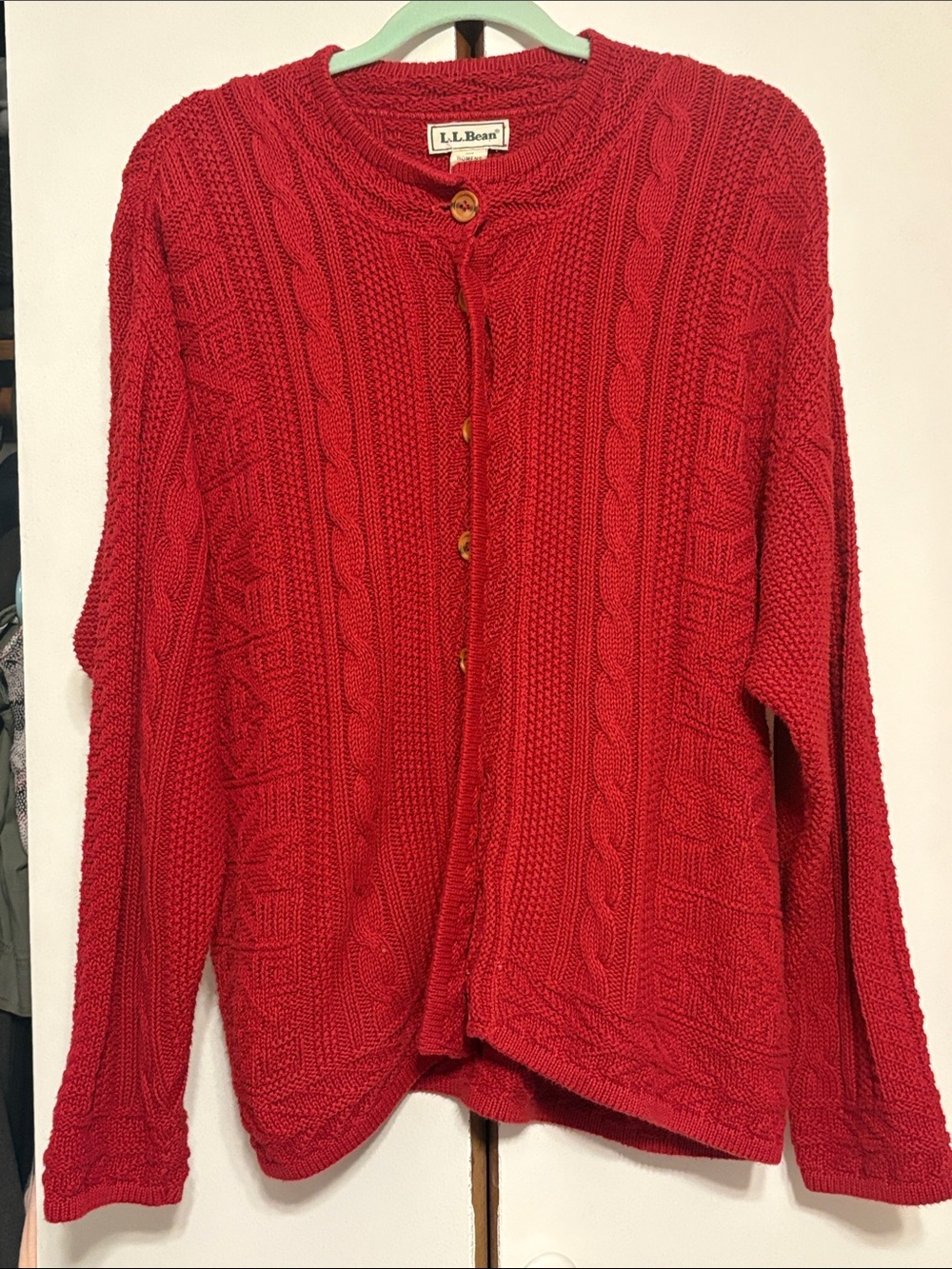 L.L. Bean Women's Red Cable-Knit Button Cardigan